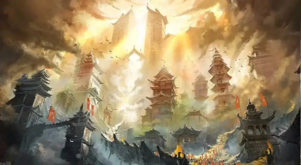 Golden Empire of Yi Ti Large City with sun rays shining down