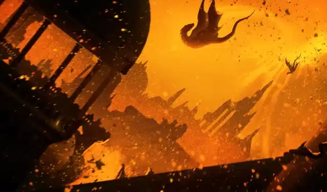 dragons falling from sky into city as orange sky is filled with ash and fire